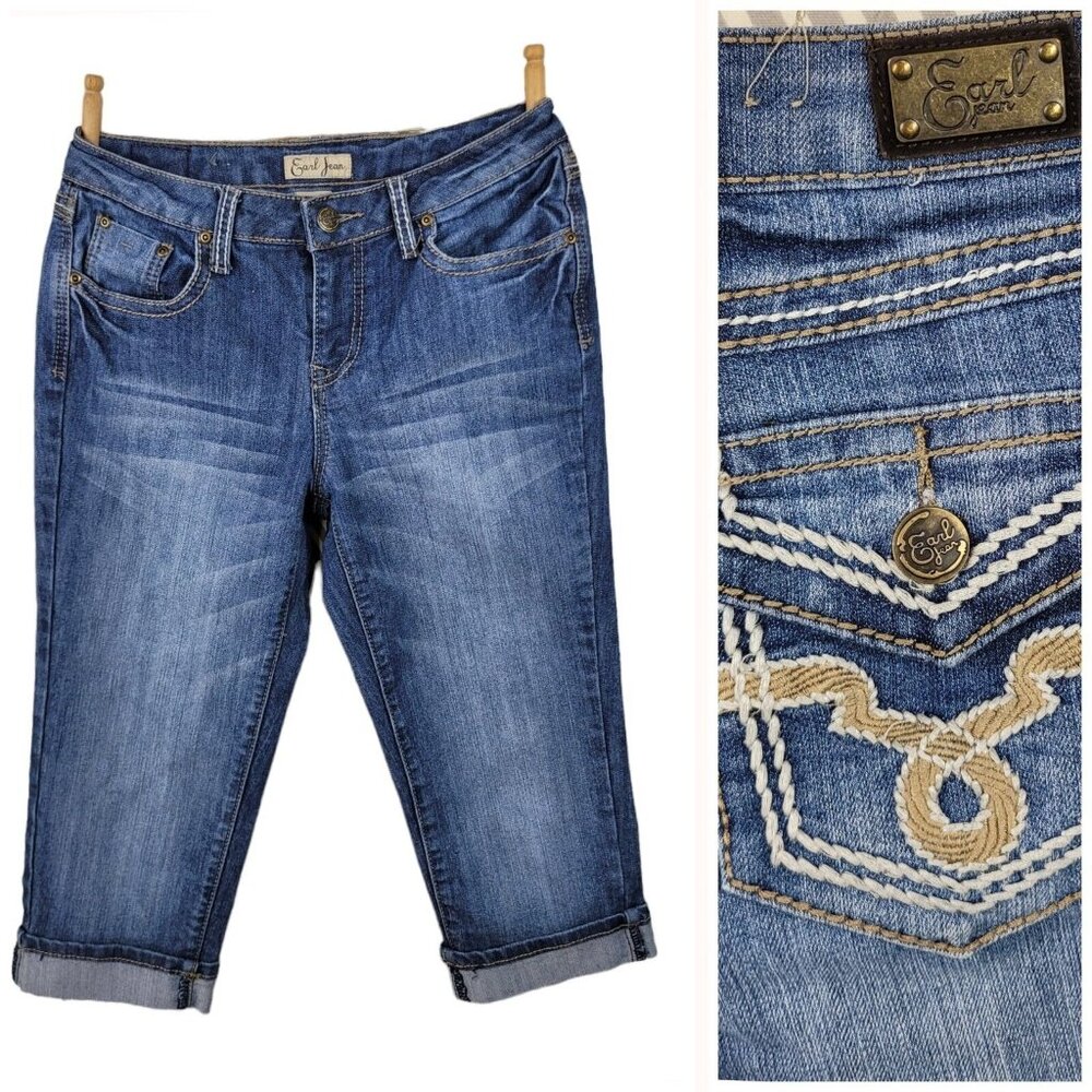 Y2K Earl Capri Jeans Size 6 Denim Pants Embroidered Pocket Folded Hem Womens